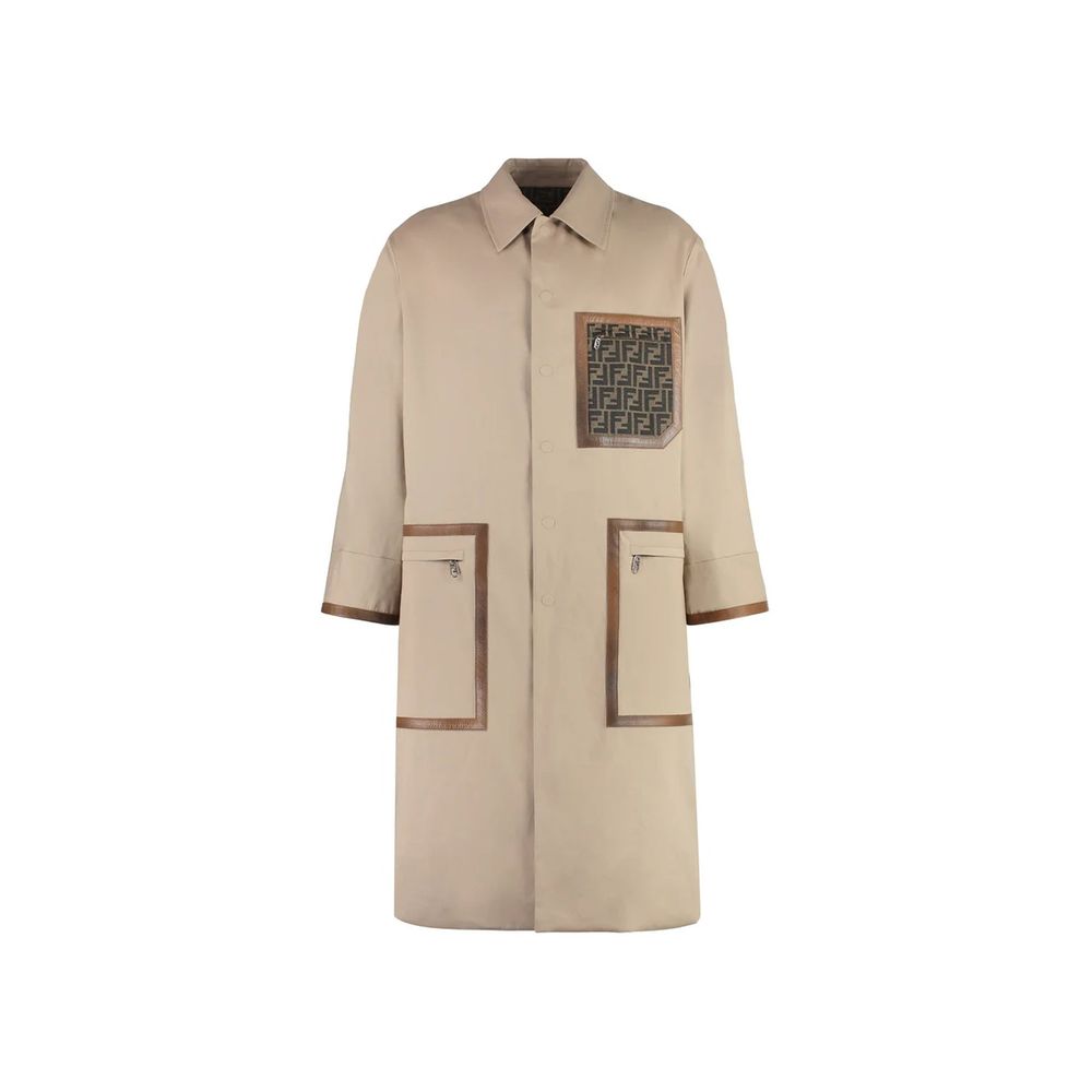 Beige Cotton Coat with Leather Detail and FF Logo