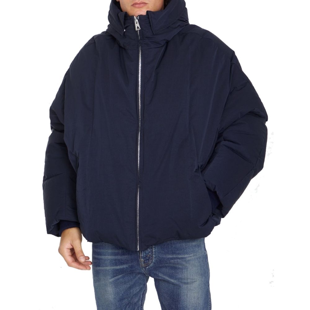Blauer Synthetikmantel mit Kapuze und Reißverschluss