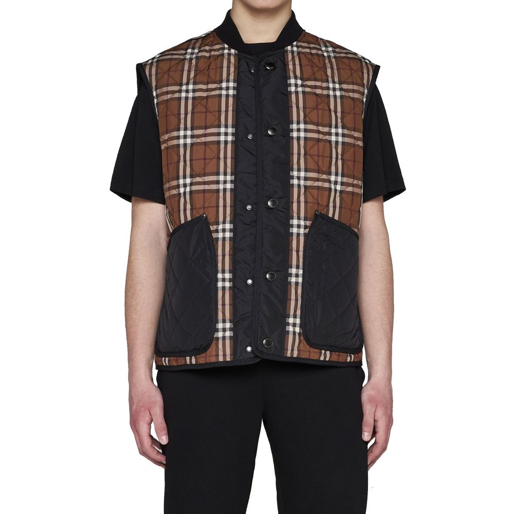 Brown Synthetic Sleeveless Vest with Check Print