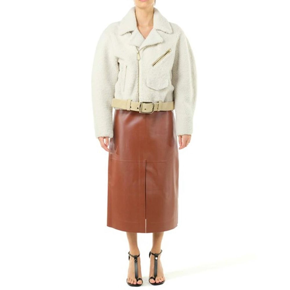 Beigefarbene Kunstleder-Bikerjacke mit Lederdetails