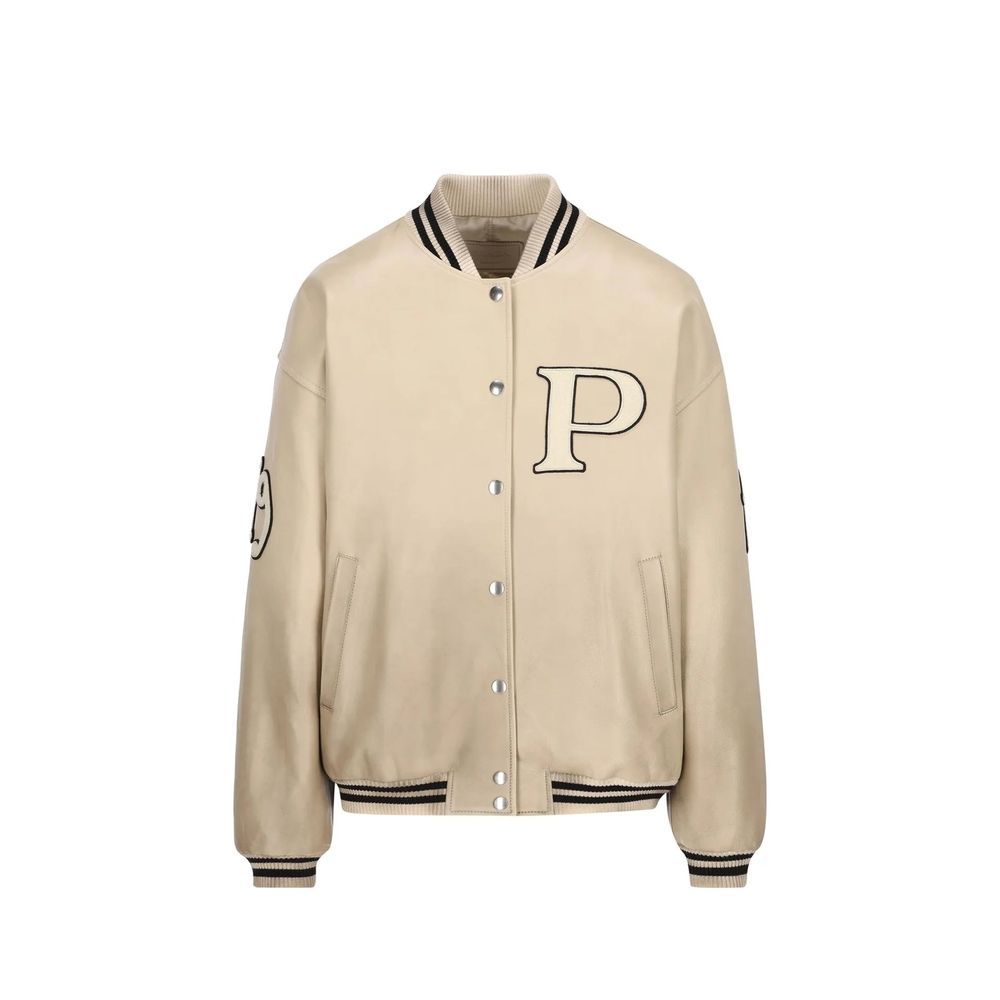 Beige Leather Bomber Jacket with Elasticated Hem