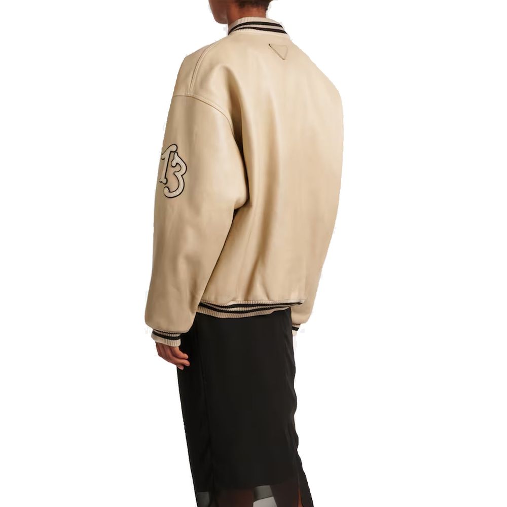 Beige Leather Bomber Jacket with Elasticated Hem