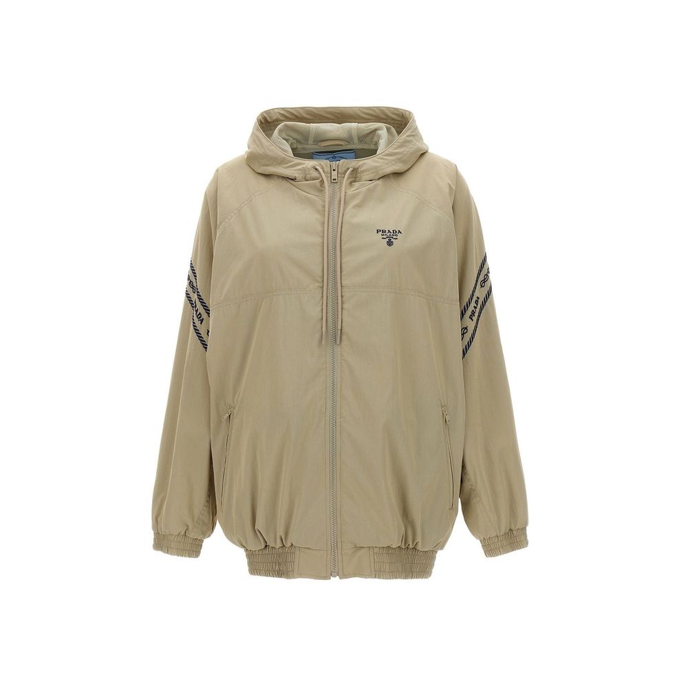 Beige Cotton Shell Jacket with Drawstring Hood