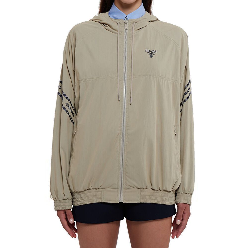 Beige Cotton Shell Jacket with Drawstring Hood