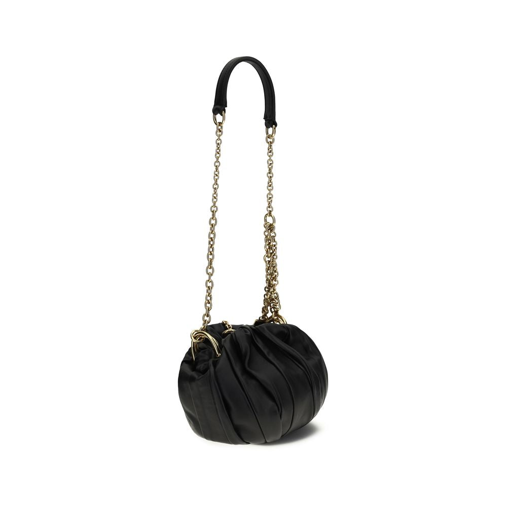 Black Leather Plissé Shoulder Bag with Chain Strap