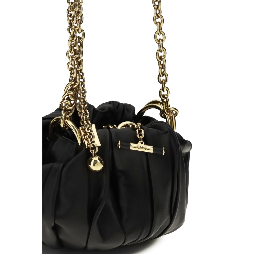 Black Leather Plissé Shoulder Bag with Chain Strap