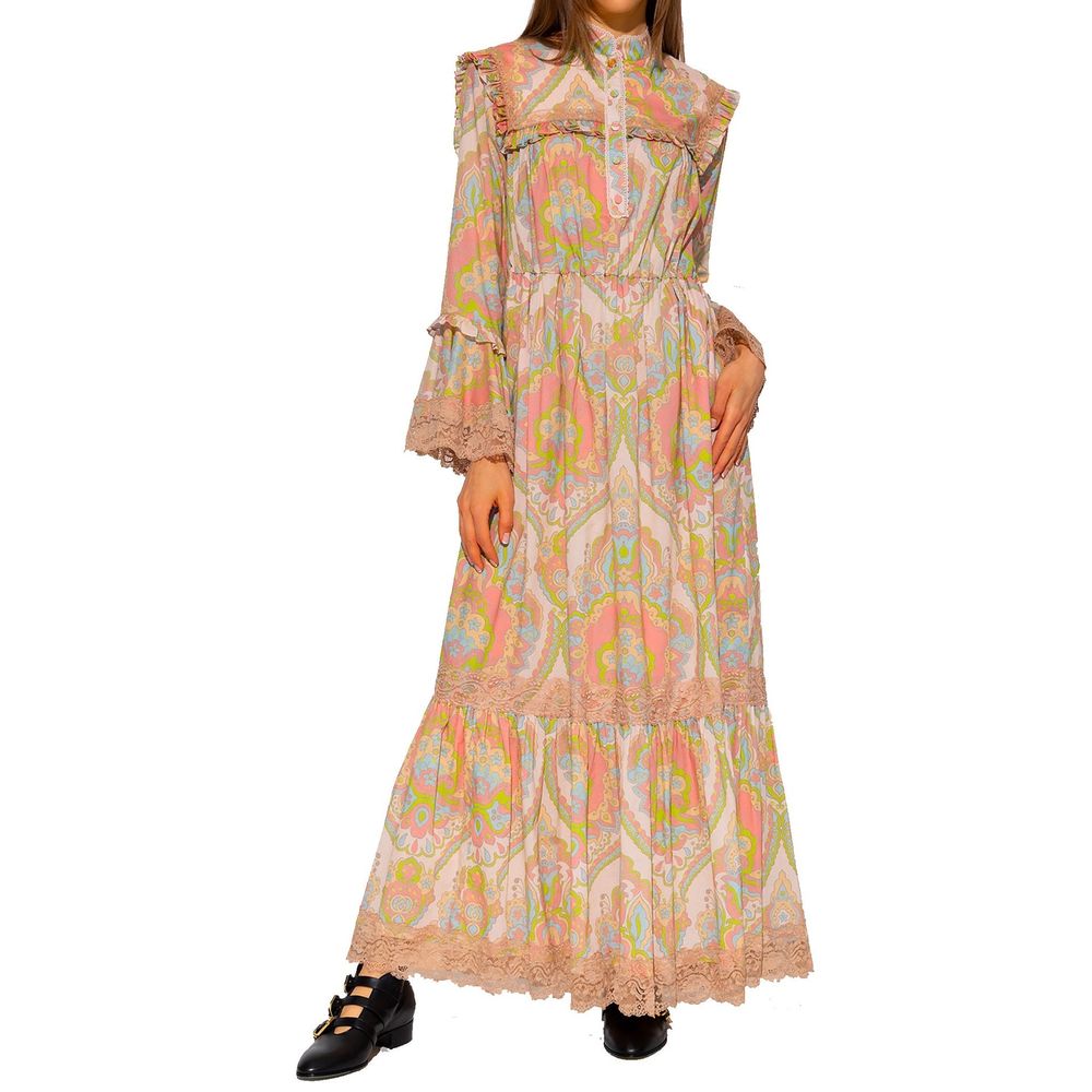 Mehrfarbiges Baumwollkleid mit Spitzenbesatz
