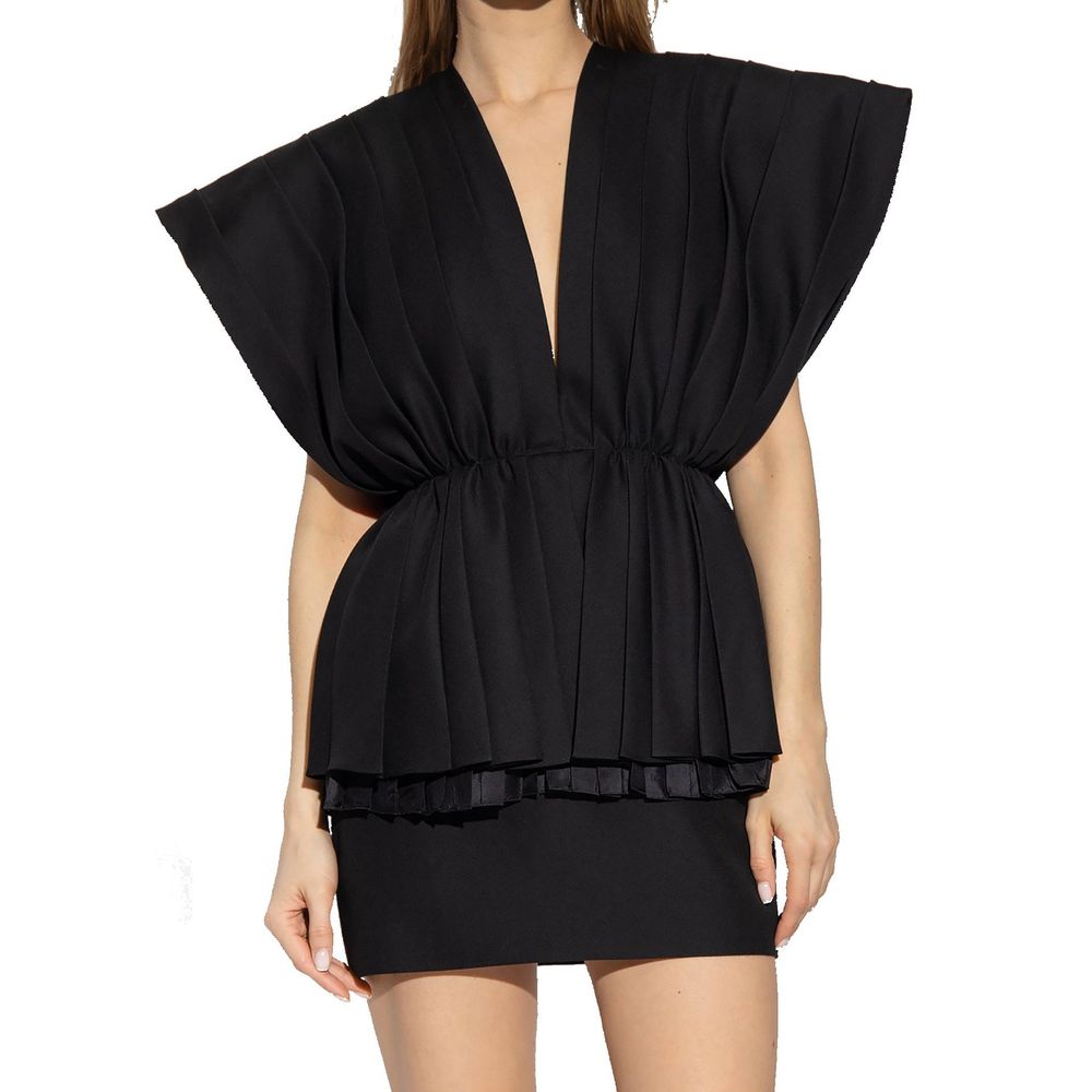 Schwarzes Wollkleid mit elastischer Taille und Taschen
