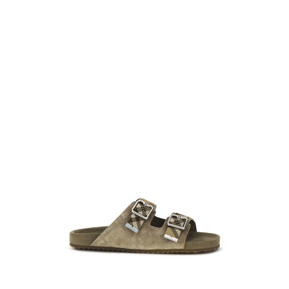 Beige Leather Flat Sandals with Burberry Check Detail