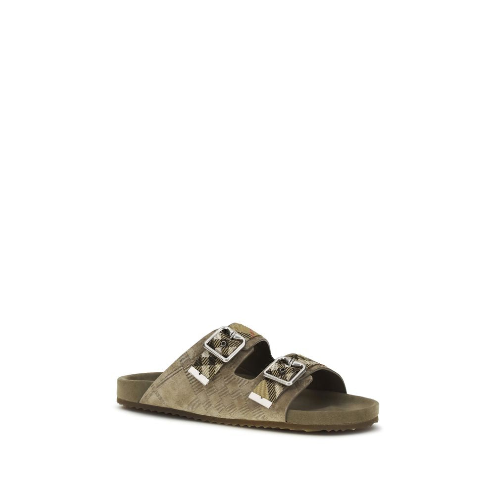 Beige Leather Flat Sandals with Burberry Check Detail