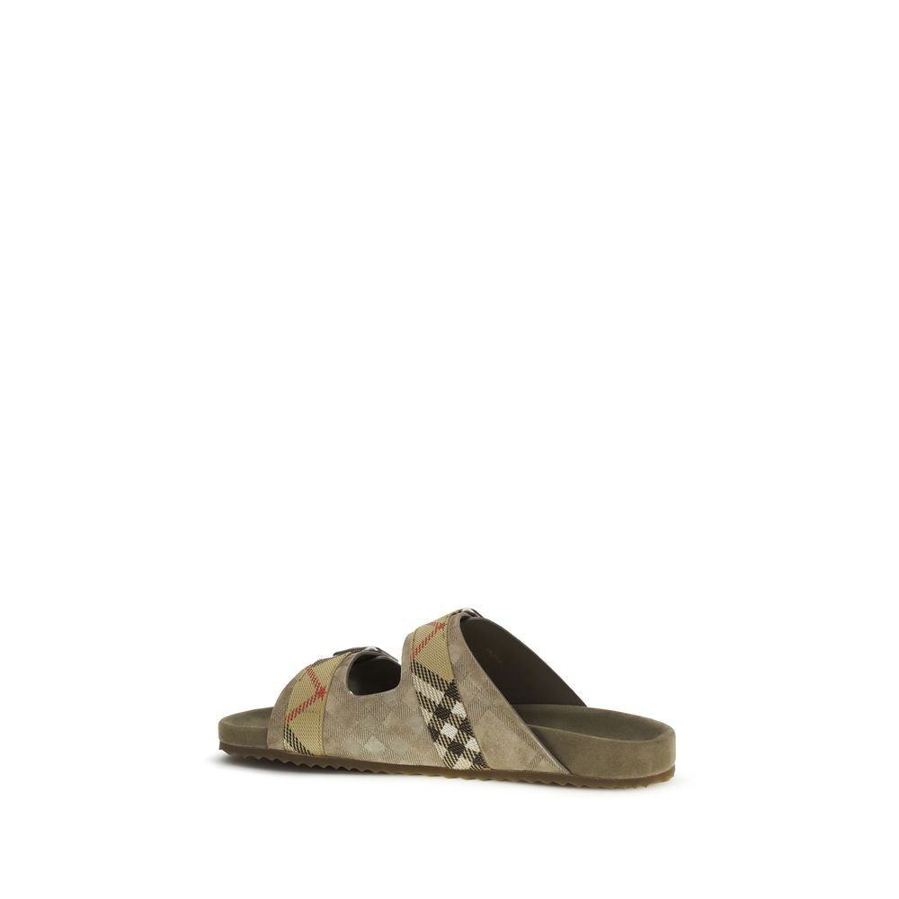 Beige Leather Flat Sandals with Burberry Check Detail