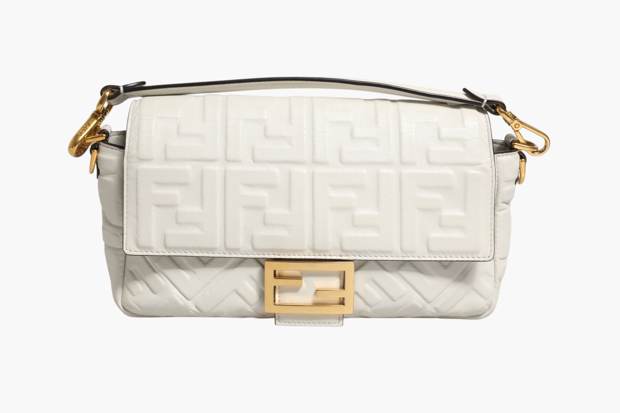 White FF Embossed Baguette Leather Bag with Strap
