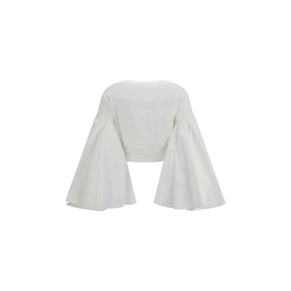 White Cotton Wrap Shirt with Flared Sleeves