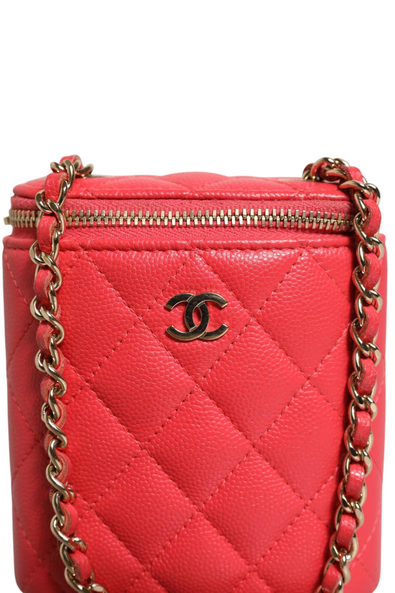 Red Quilted Small Vertical Coco Beauty Vanity Case with Chain