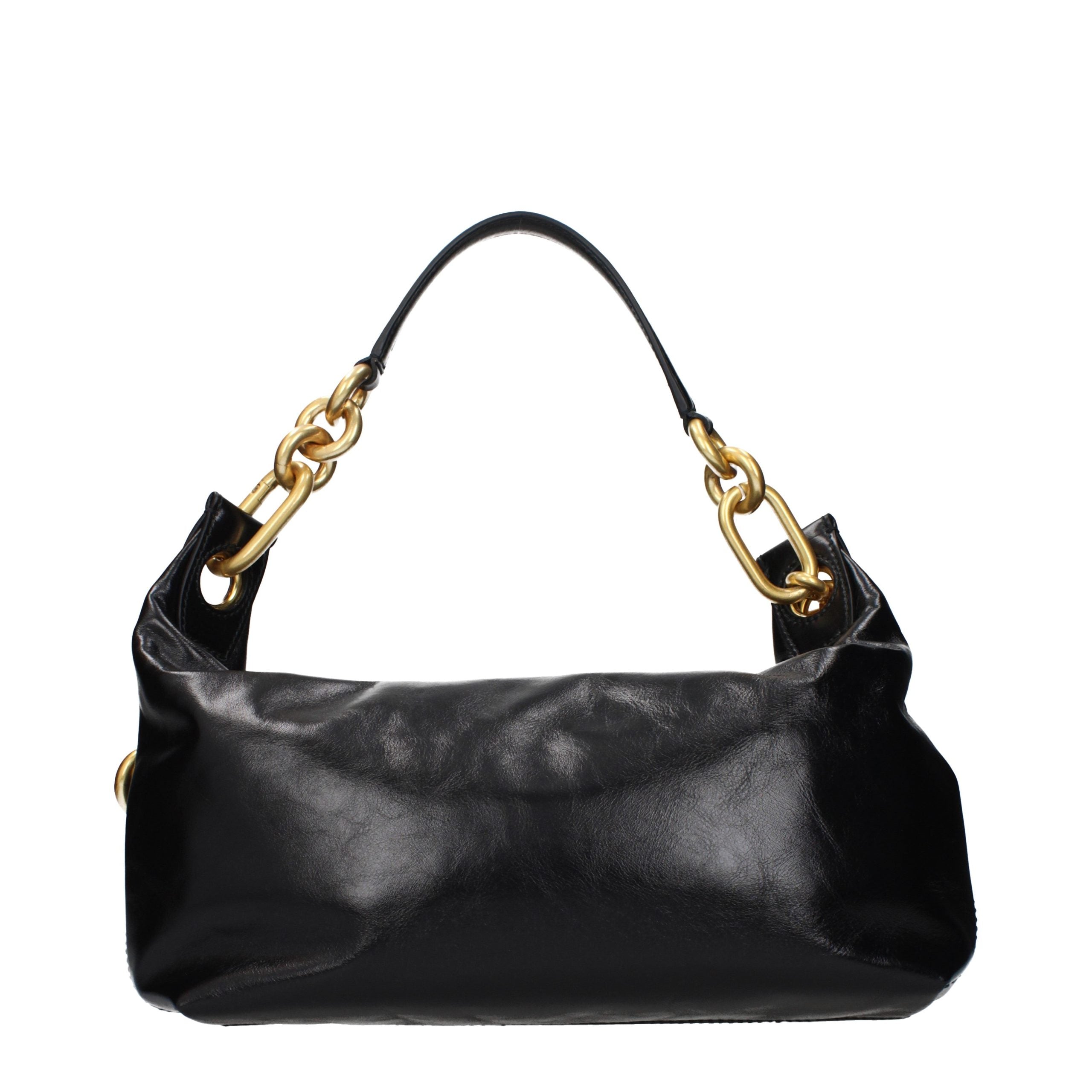 Black Leather Shoulder Bag with Front Logo Detail