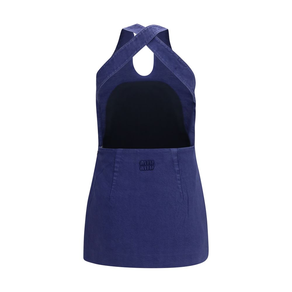Blaues Baumwollkleid mit Neckholder-Ausschnitt und Logo-Applikationen