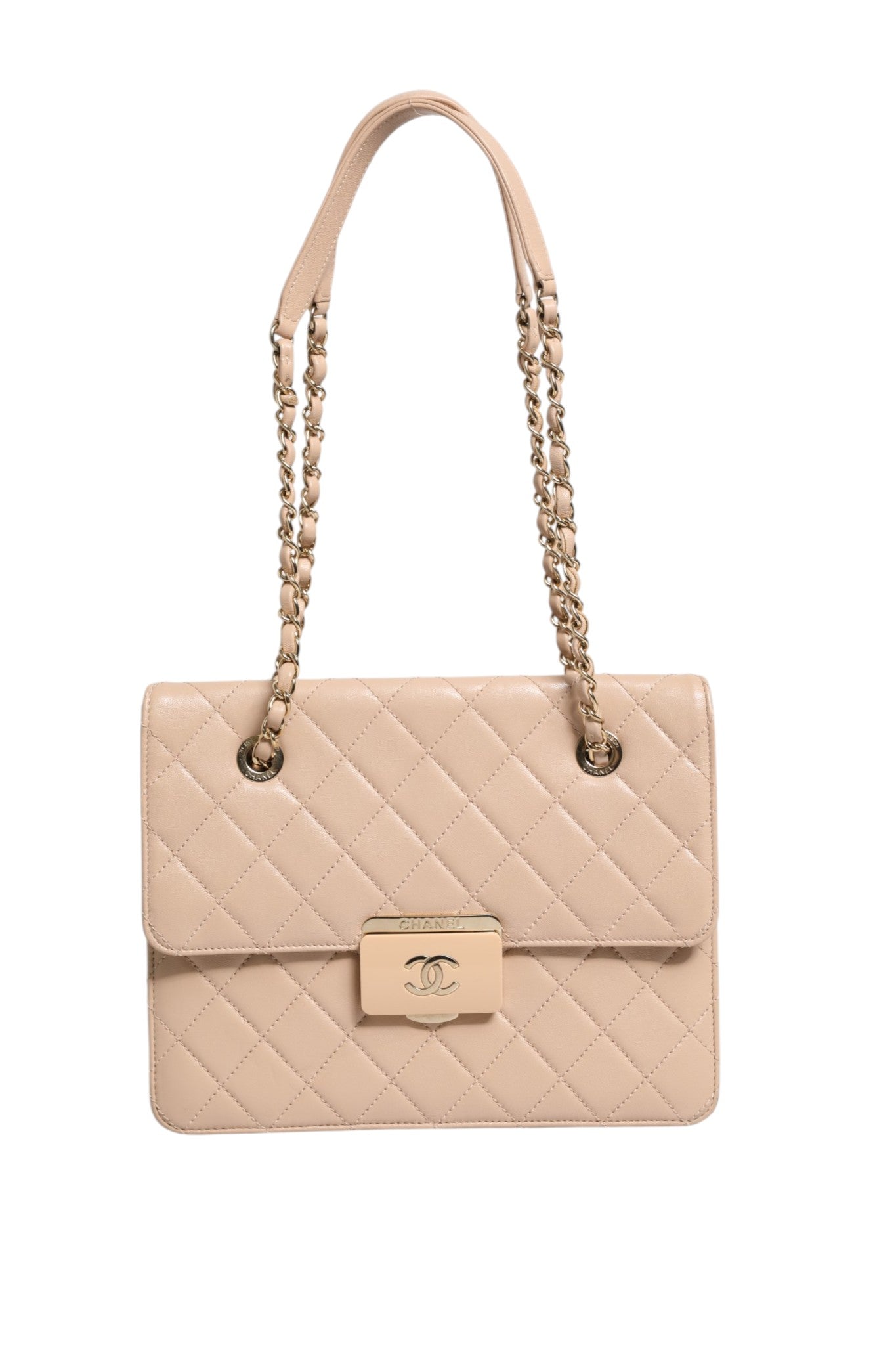 Beige Leather Quilted Beauty Lock Flap Bag