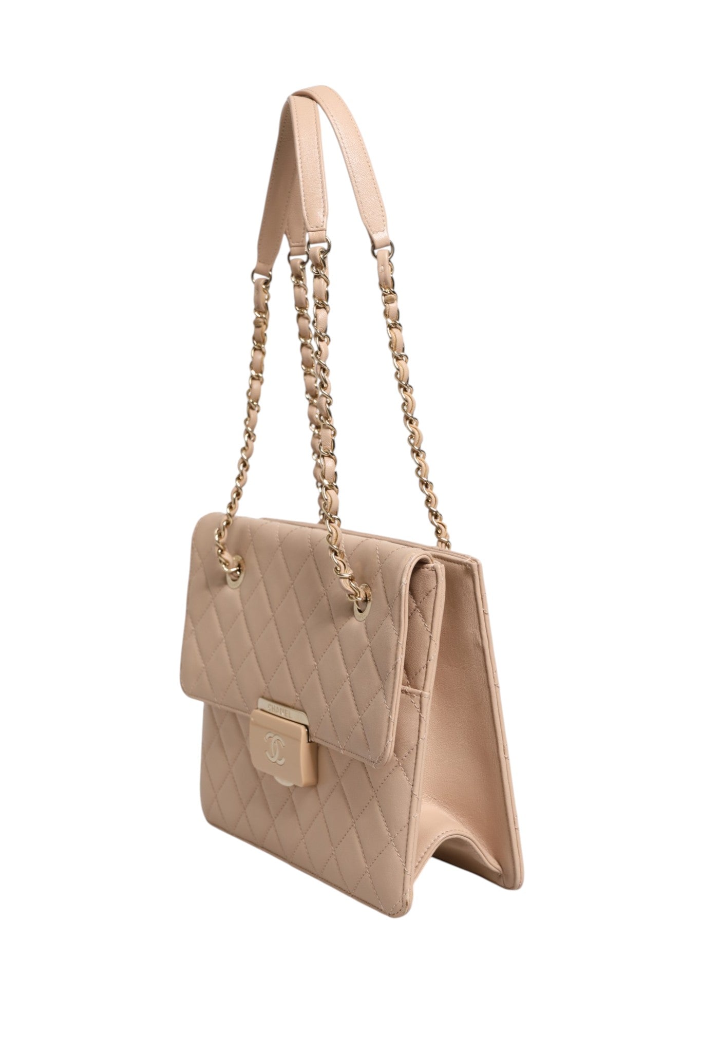 Beige Leather Quilted Beauty Lock Flap Bag