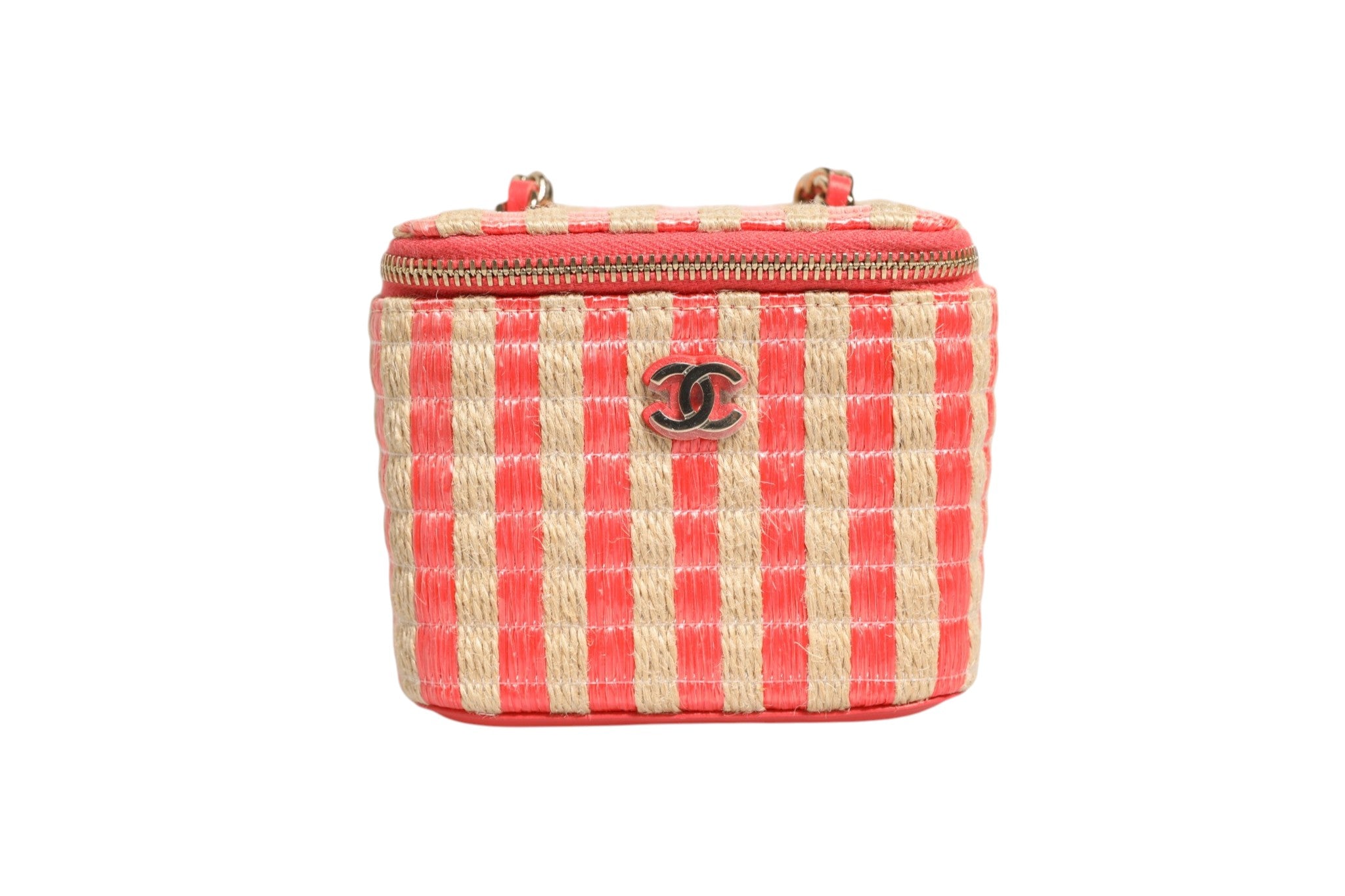 Beige-orangefarbener Mini-Kosmetikkoffer aus gestreiftem Bast und Jute