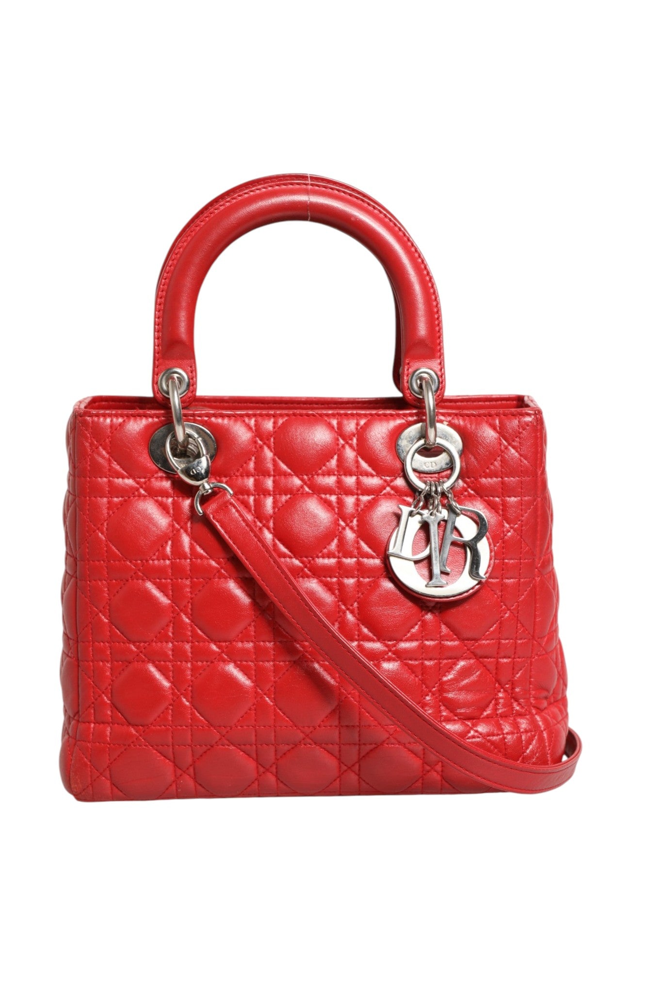 Red Leather Lady Dior Bag with Cannage Pattern