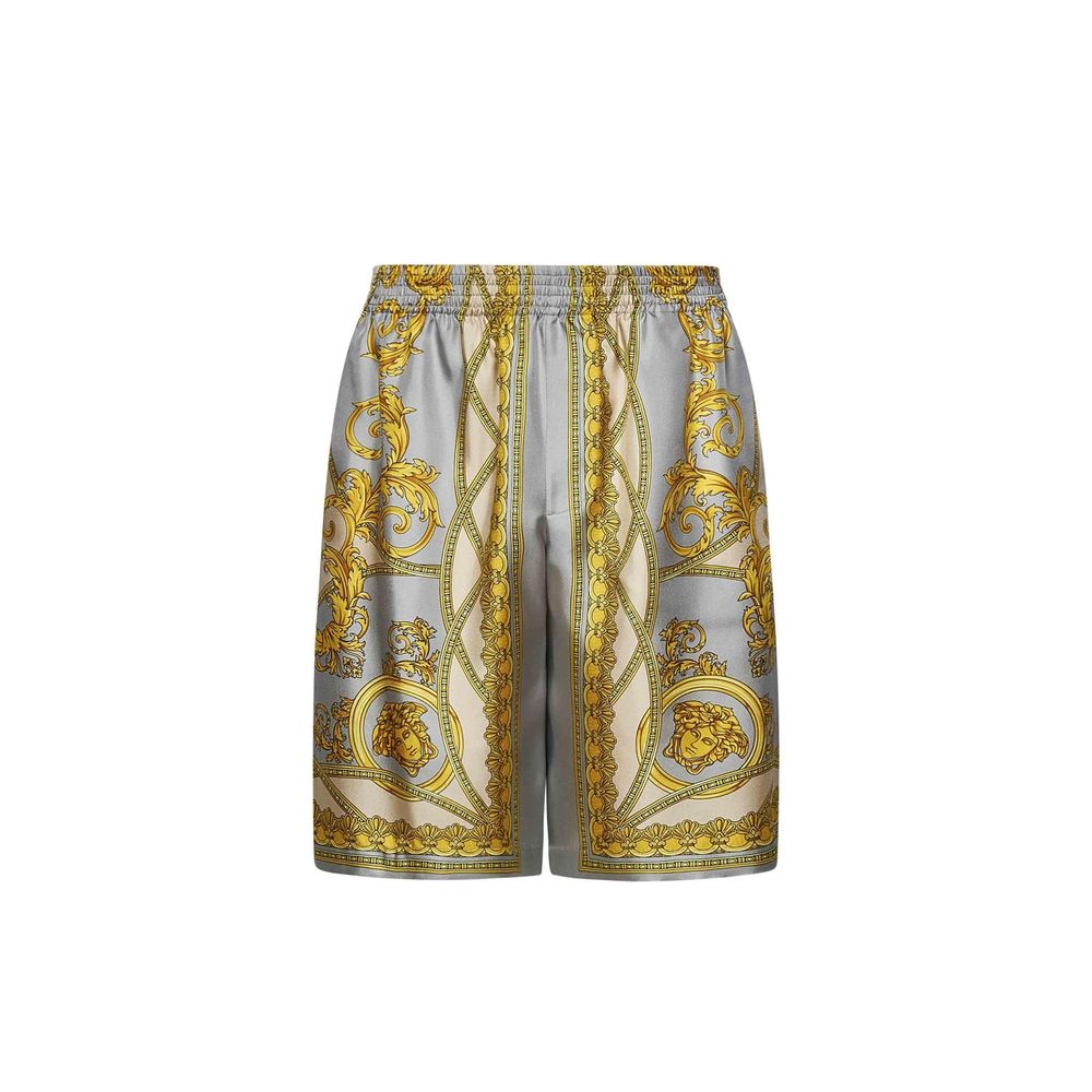 Gray Silk Bermuda Shorts with Elastic Waistband
