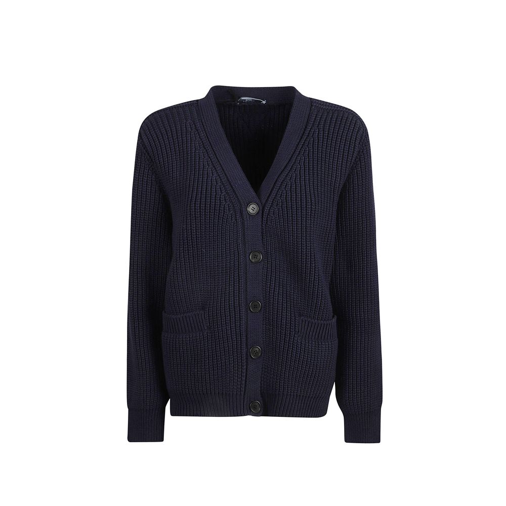 Blaue Baumwollstrickjacke mit Knöpfen vorne