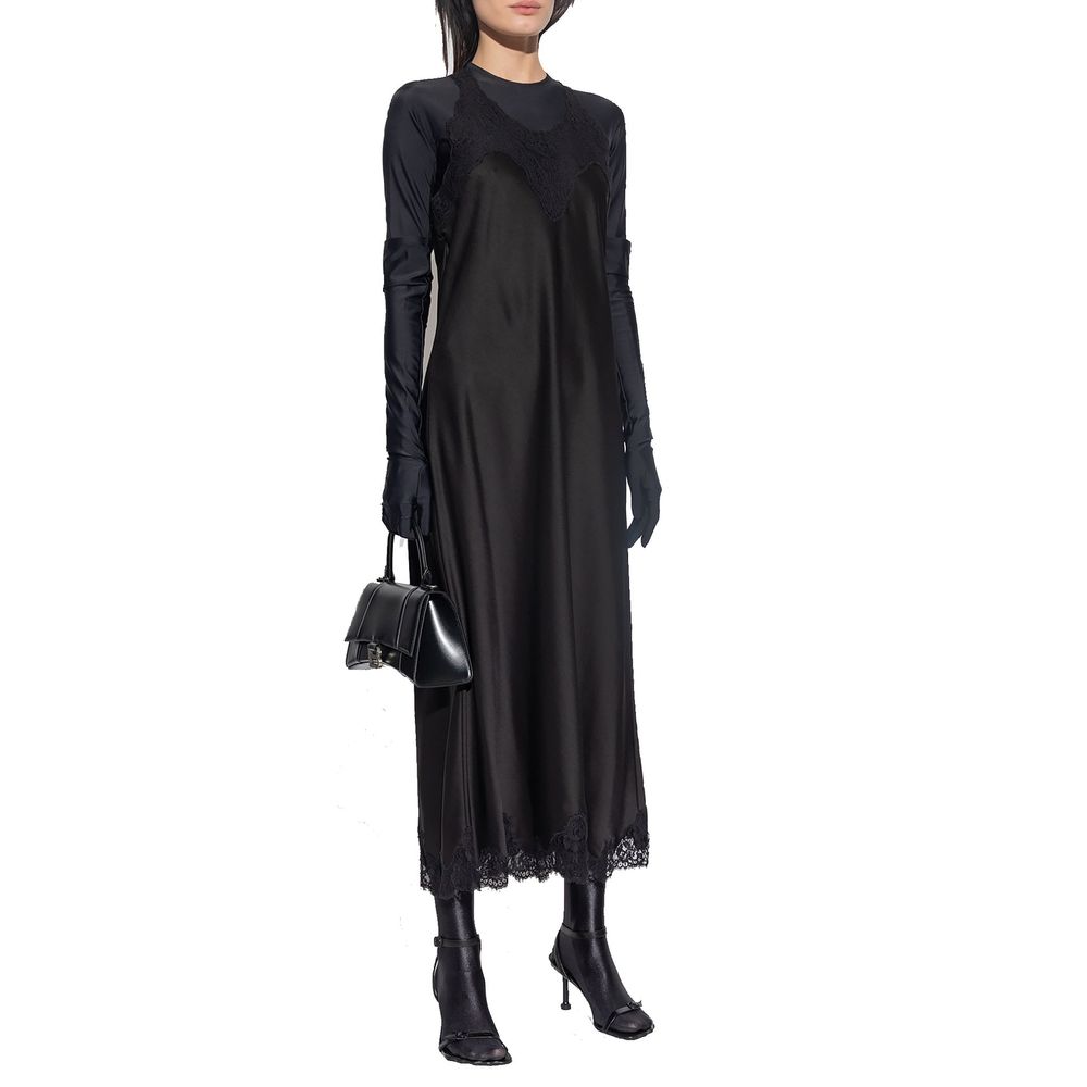 Black Synthetic Casual Dress with Lace Trim