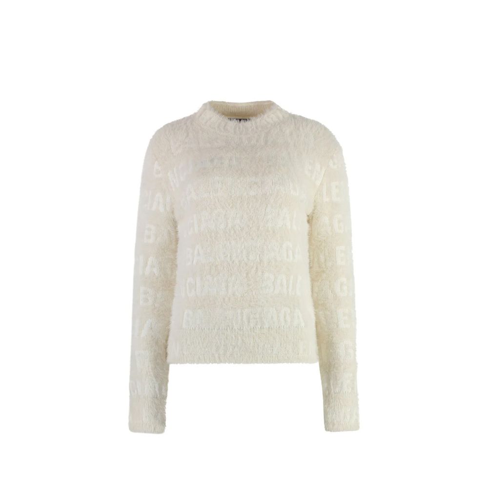White Wool Sweatshirt with Logo Pattern