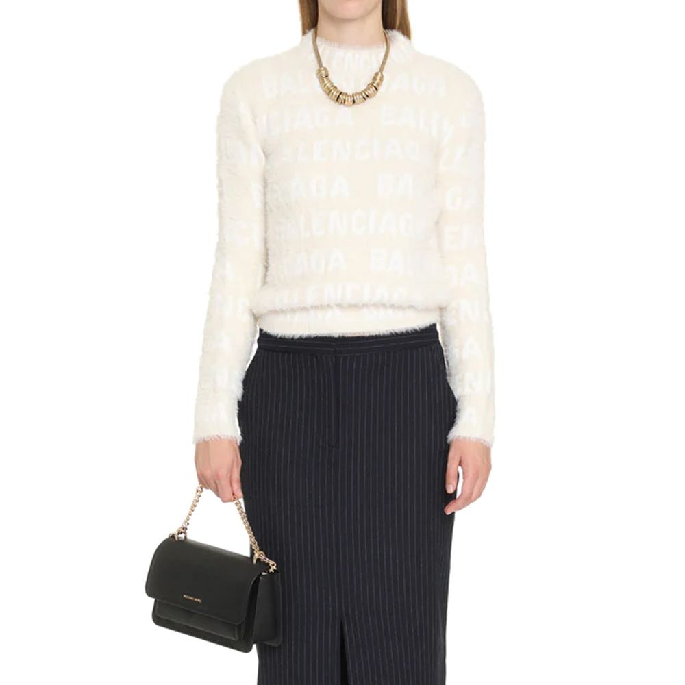 White Wool Sweatshirt with Logo Pattern