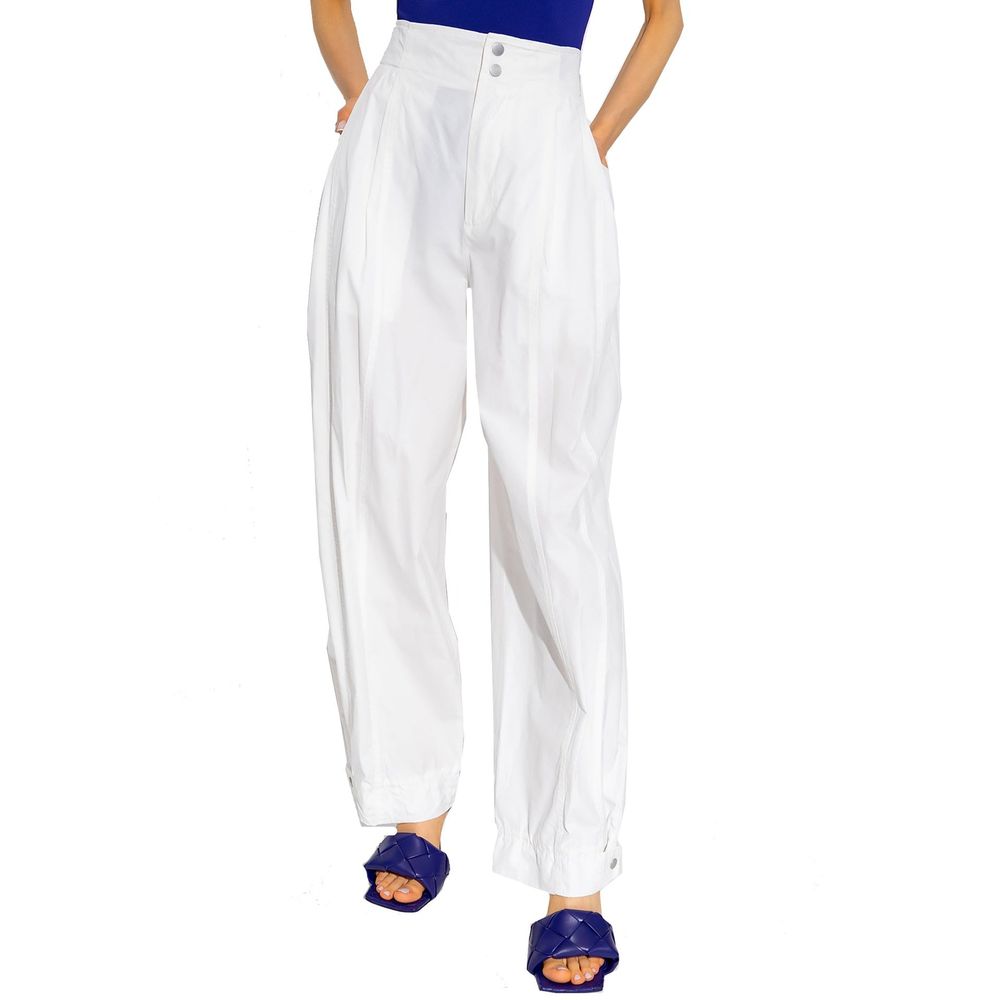 White Cotton Women's Casual Pants with Ankle Button Closure