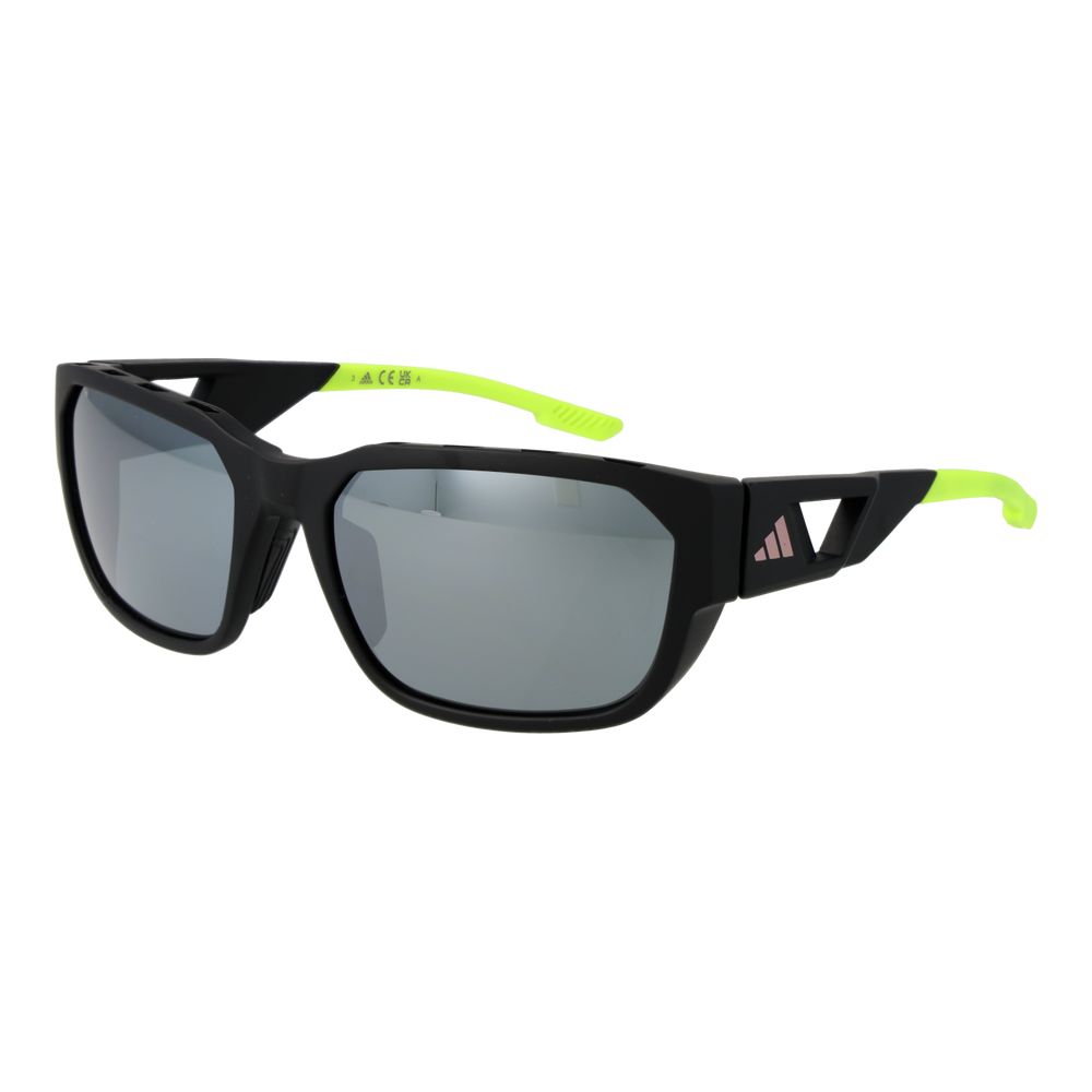 Schwarze synthetische Sonnenbrille mit verspiegelten silbernen Gläsern