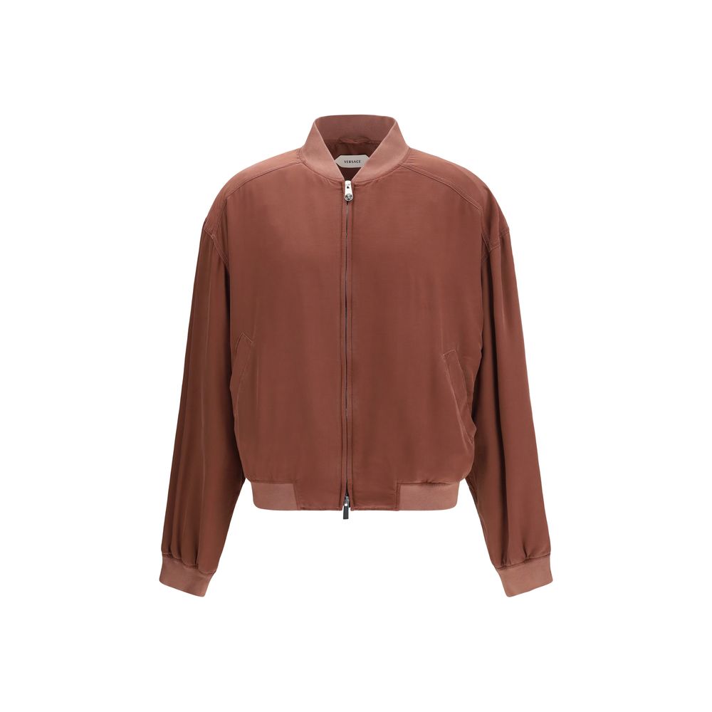 Bordeauxfarbene Seidenbomberjacke mit geripptem Kragen