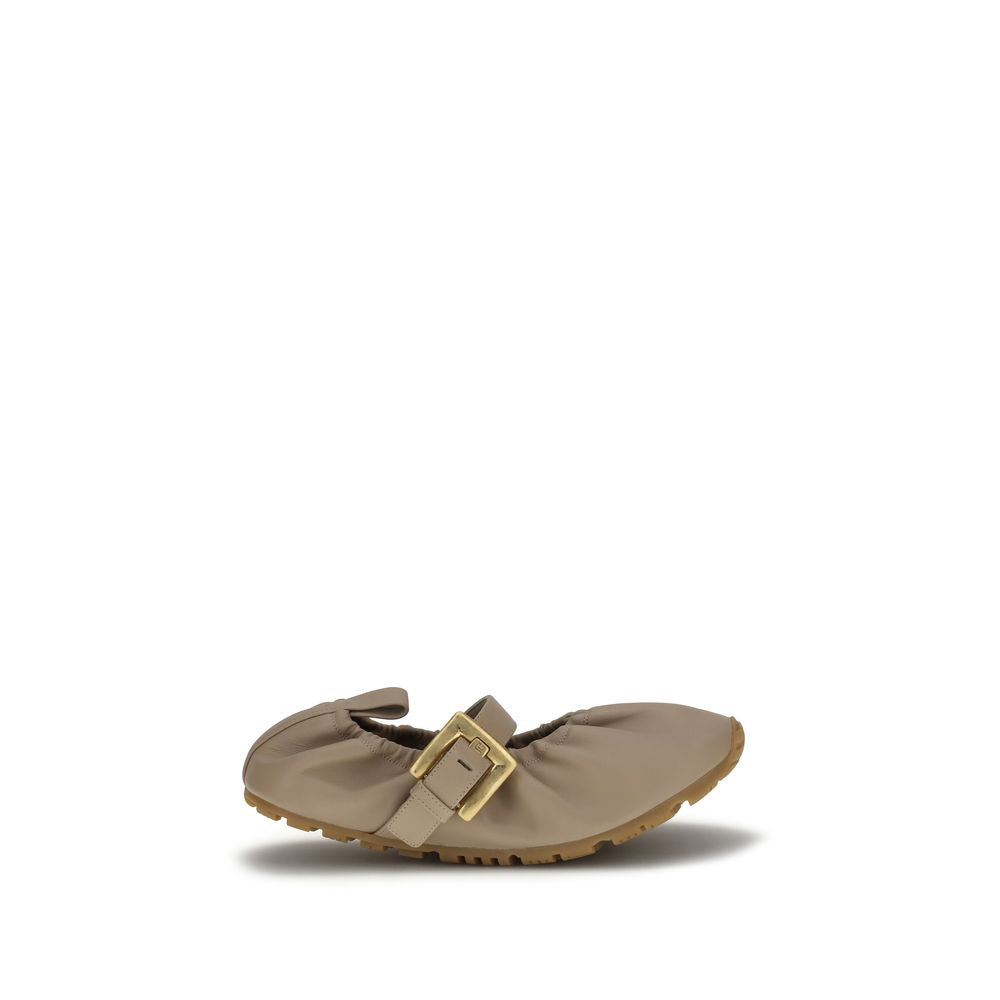 Beige Leather Ballet Flats with Buckle Strap