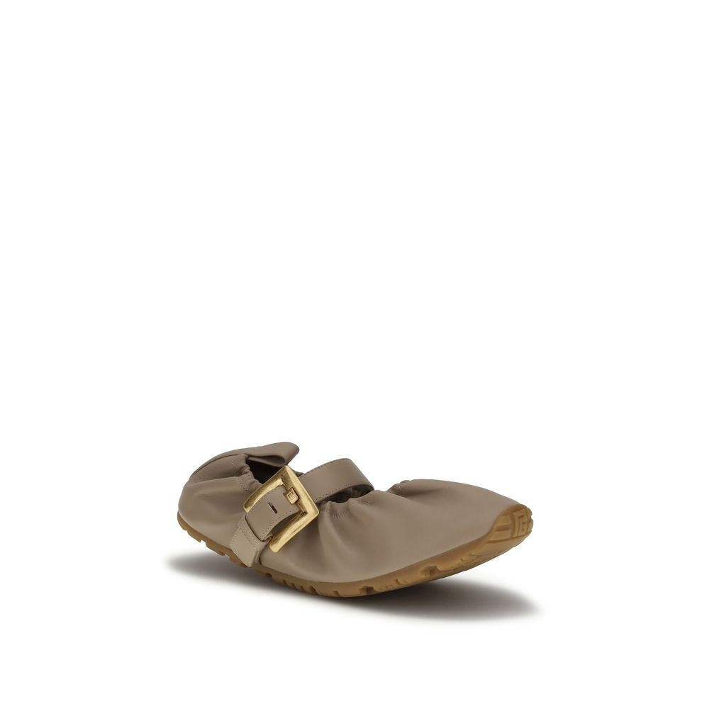 Beige Leather Ballet Flats with Buckle Strap