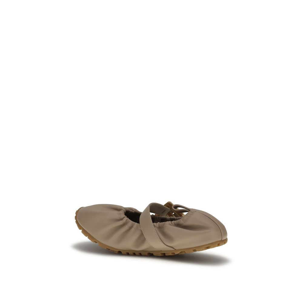 Beige Leather Ballet Flats with Buckle Strap
