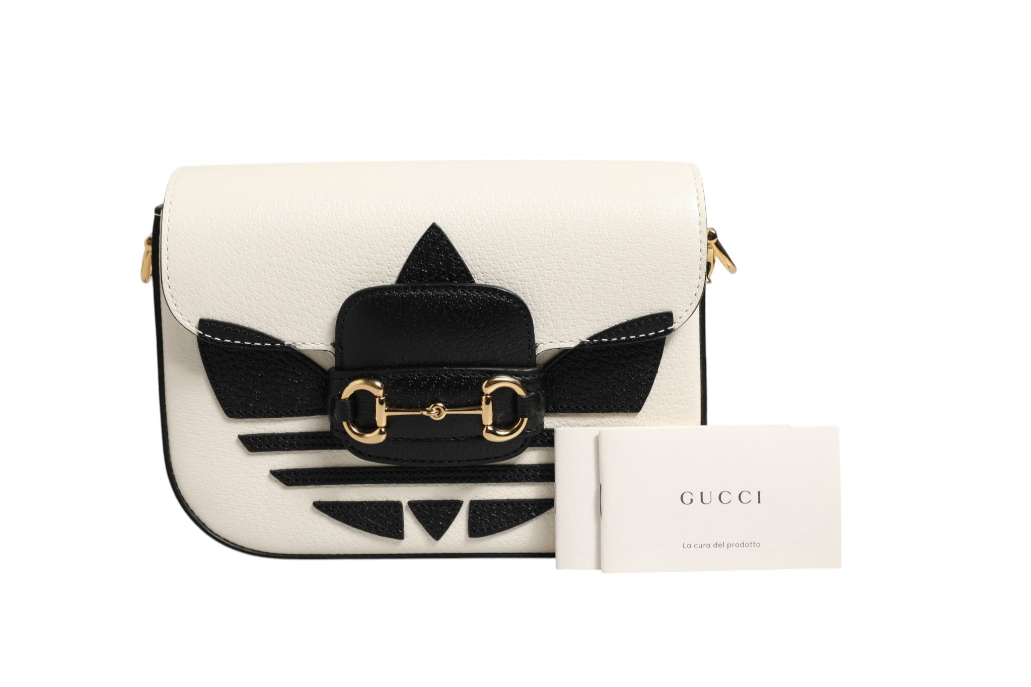 White and Black Leather Gucci x Adidas 1955 Horsebit Shoulder Bag