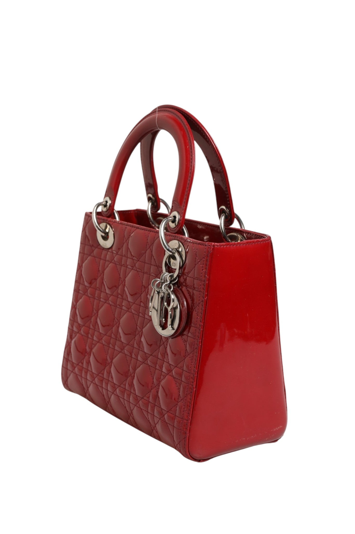 Christian Dior kirschrote Lackleder Cannage-Steppung kleine Lady Dior Tasche