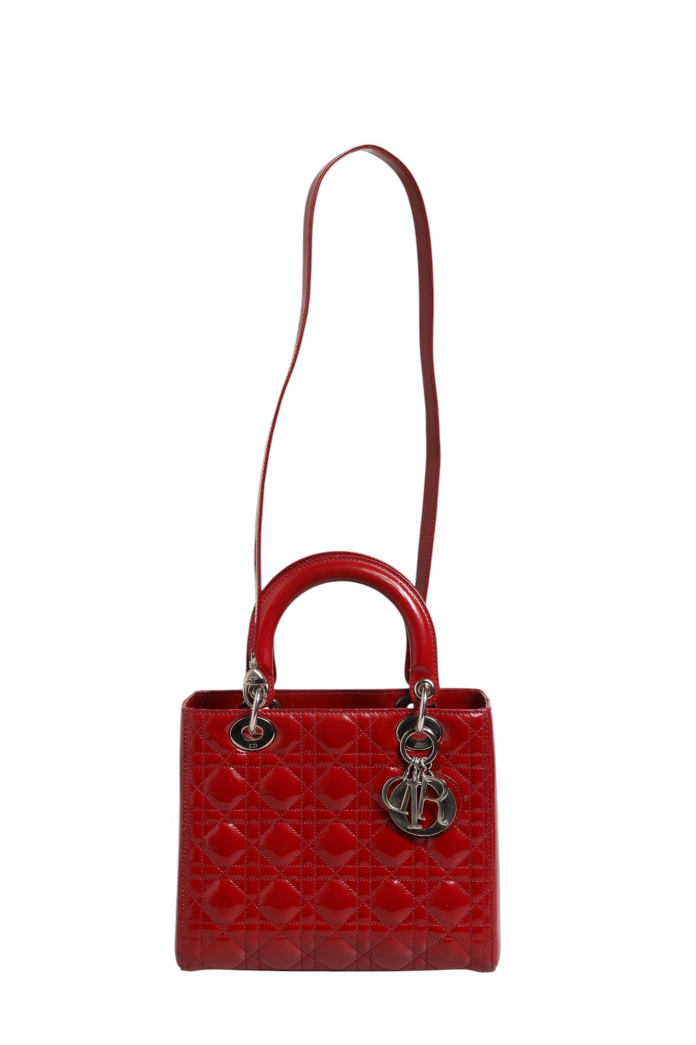 Christian Dior kirschrote Lackleder Cannage-Steppung kleine Lady Dior Tasche