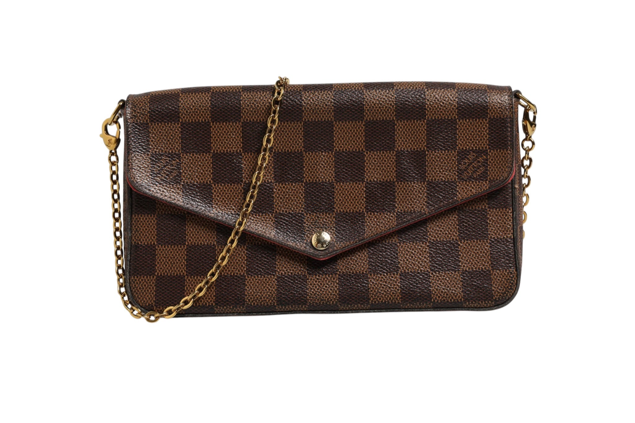 Brown Leather Chain Wallet Pochette Felice Damier Ebene