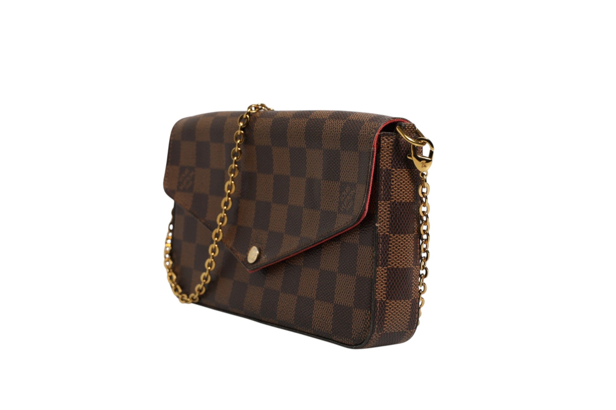 Brown Leather Chain Wallet Pochette Felice Damier Ebene