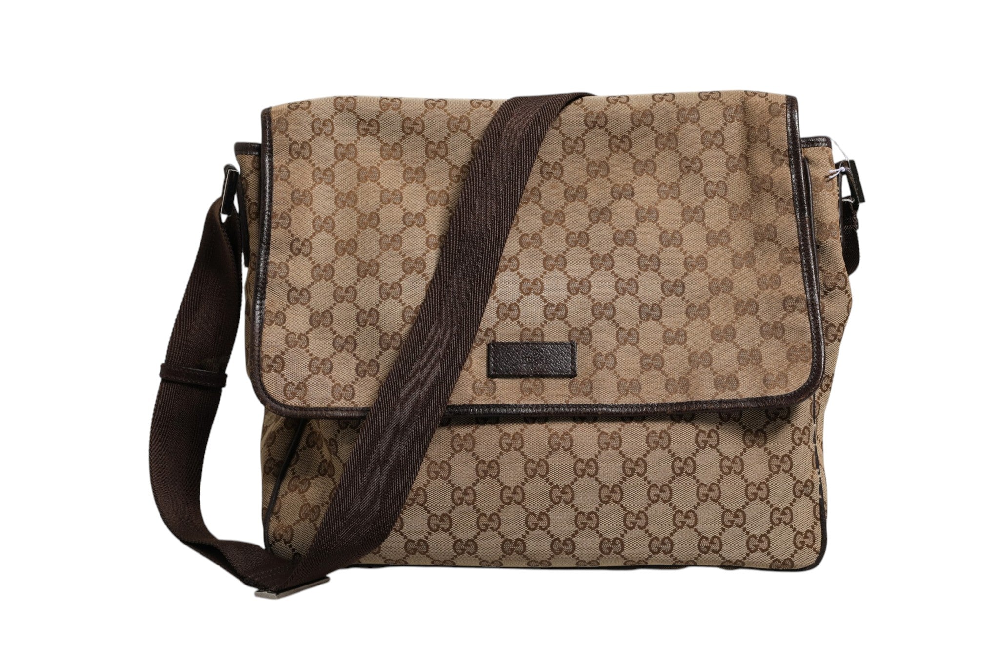 Brown Leather Trim GG Canvas Flap Messenger Bag