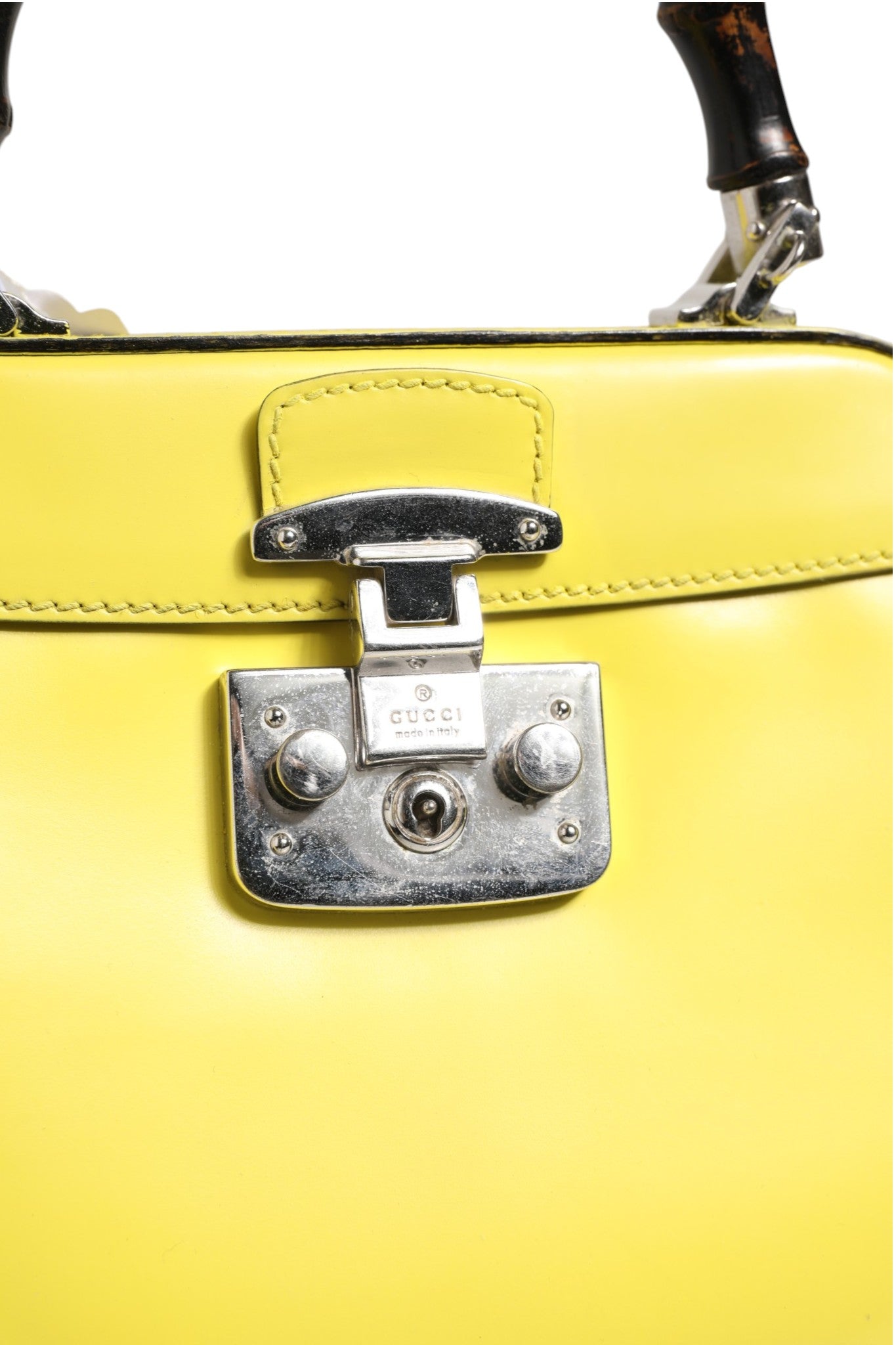 Yellow Lady Lock Leather Top Handle Bag
