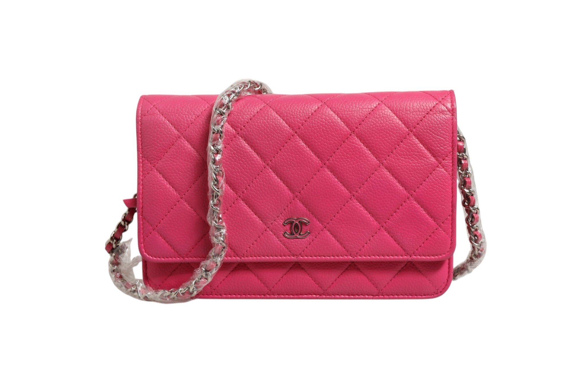 Pink Quilted Leather Wallet On Chain WOC Silver