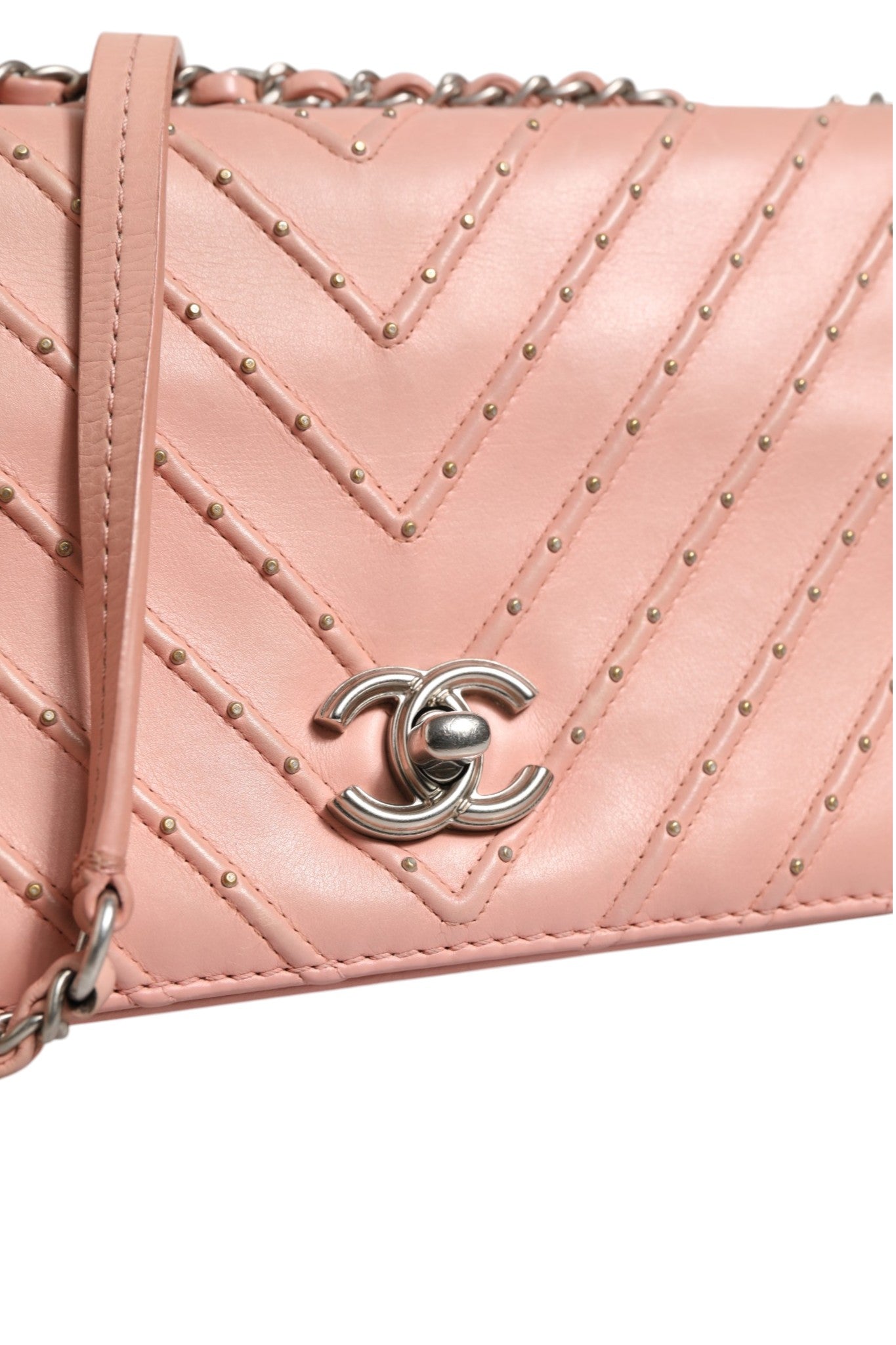 Light Pink Leather Classic Double Flap Bag Chevron