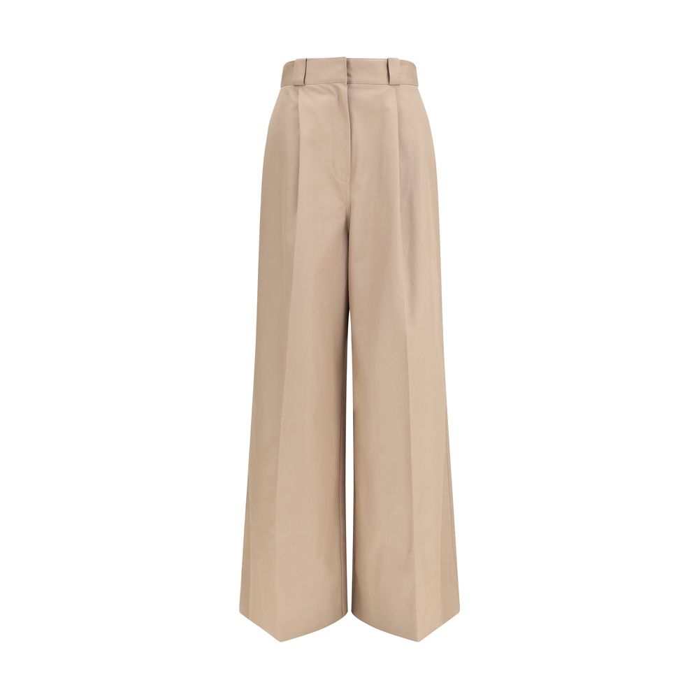 Beige Cotton High-Waisted Flared Pants