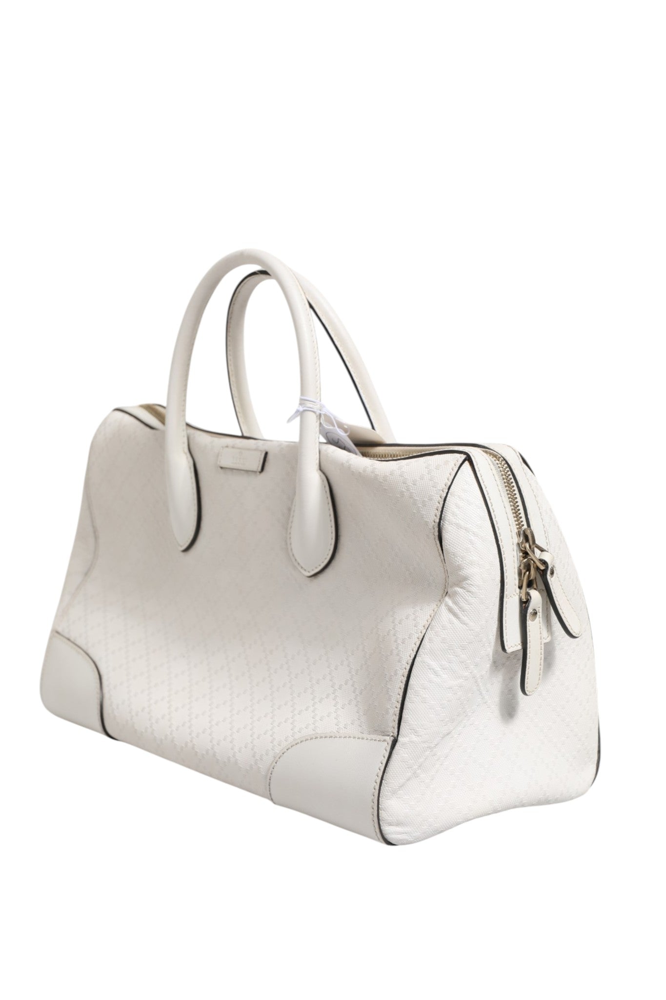 White Leather Boston Bag with Diamante Detail