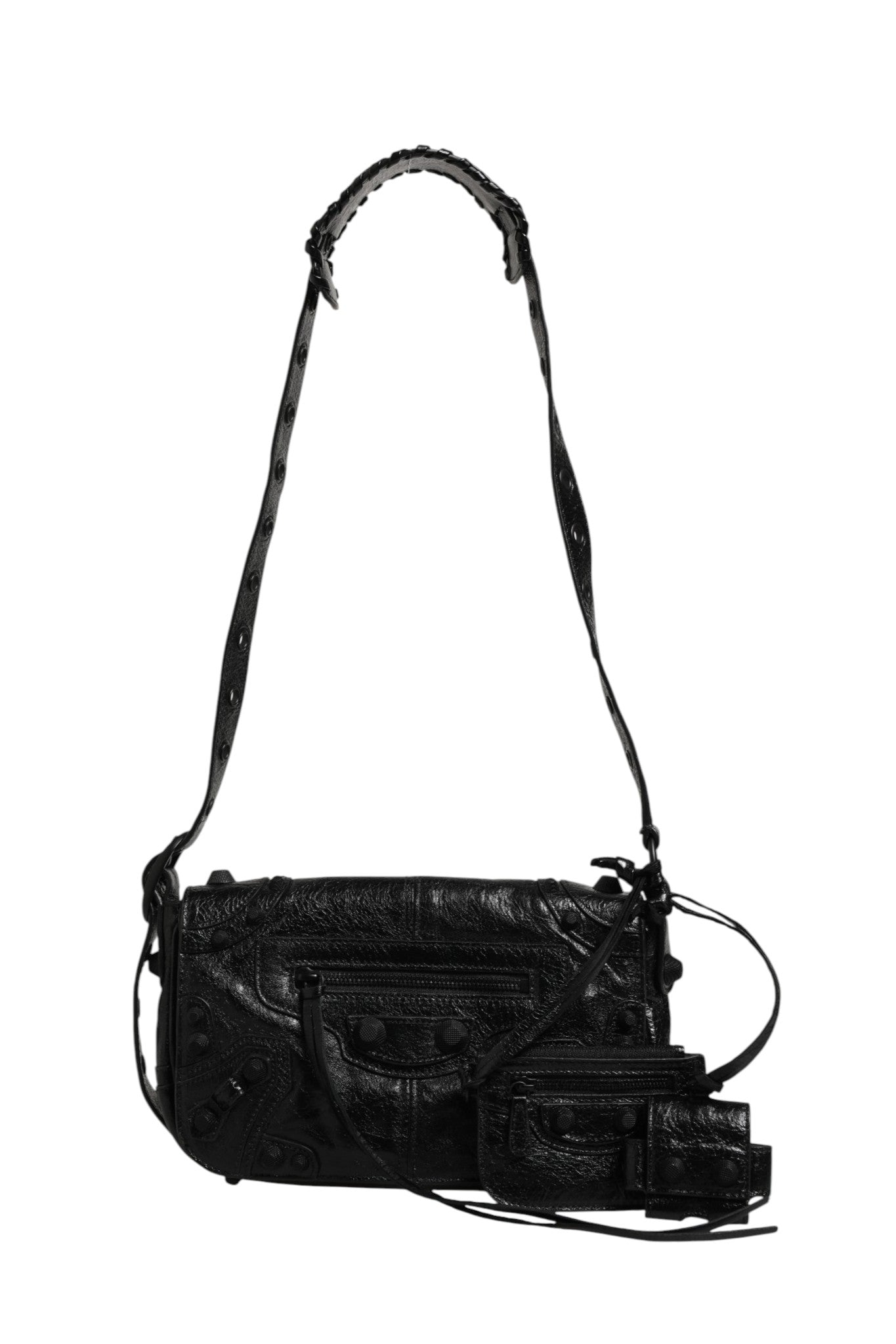 Schwarze Le Cagole XS Leder-Pochette mit Anhänger und Tasche