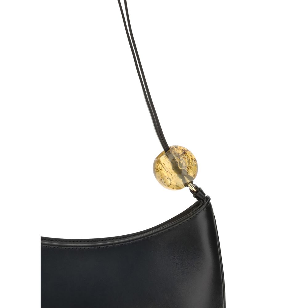 Black Leather Shoulder Bag with Pearl Strap