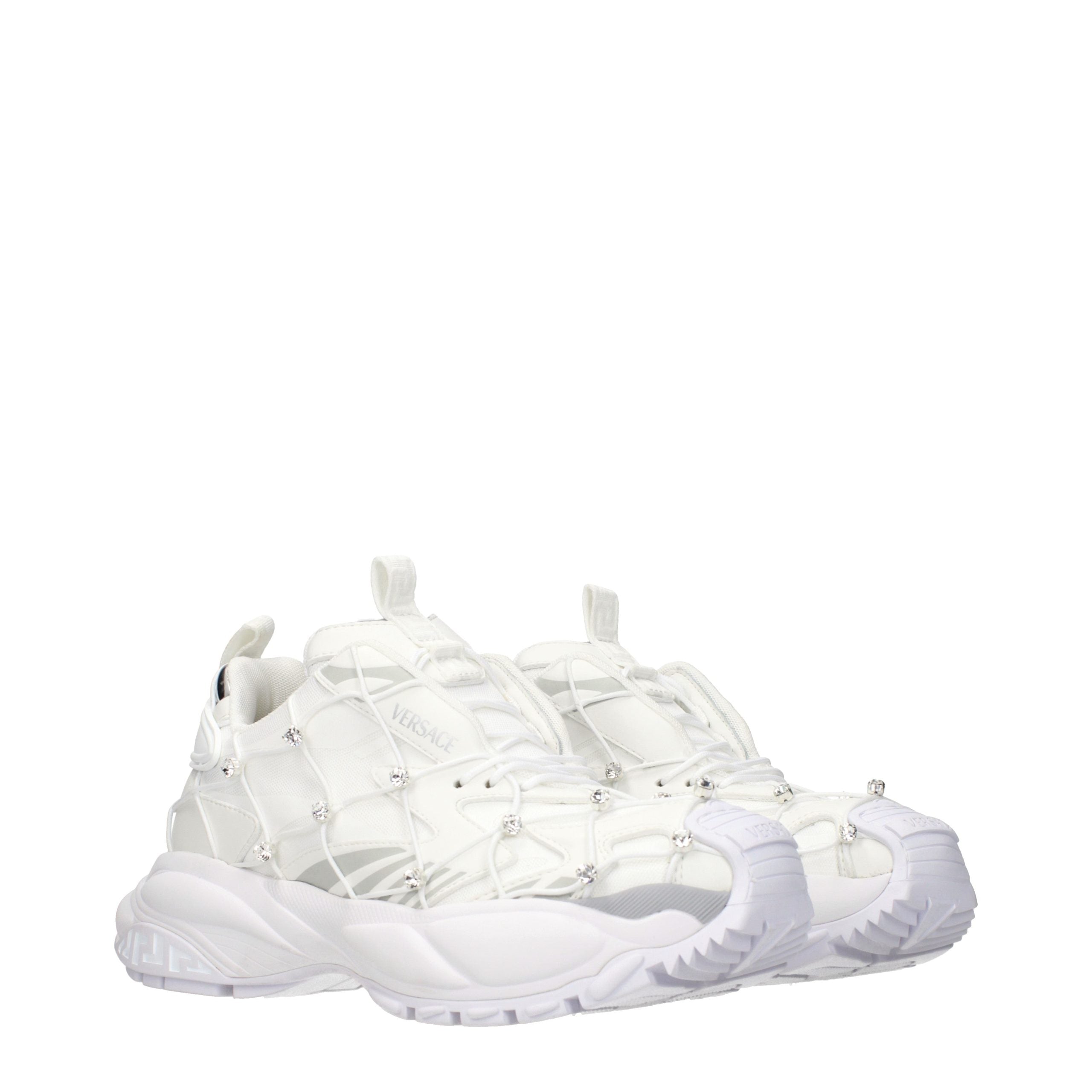 White Synthetic Sneakers with Logo and Rhinestone Embellishments