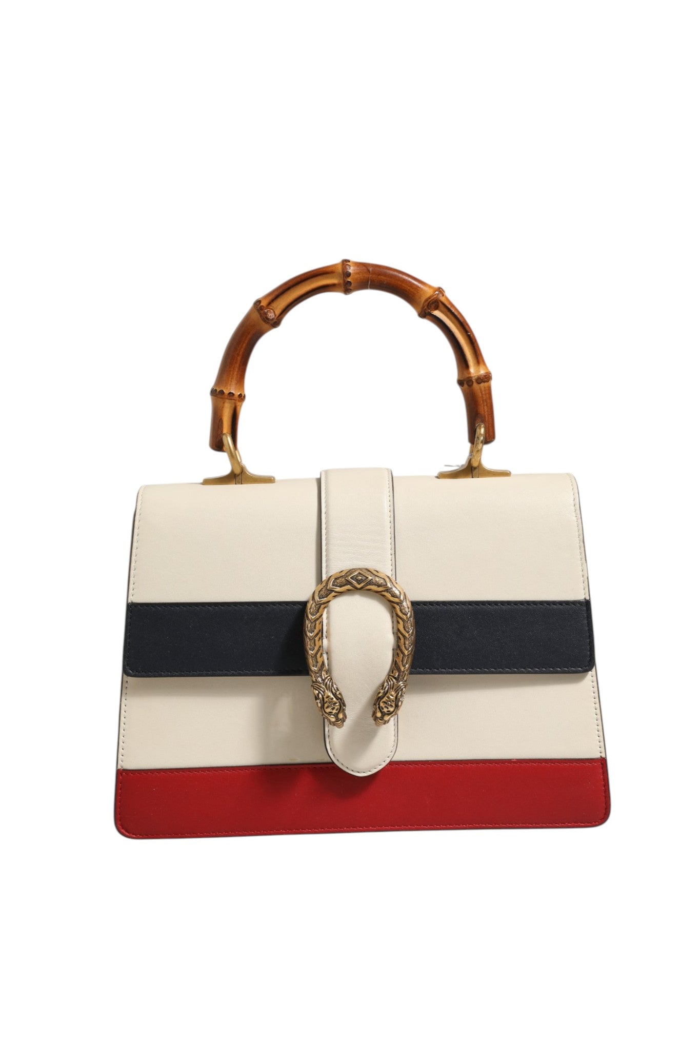 White Dionysus Bamboo Top Handle Leather Bag with Colorblock Details